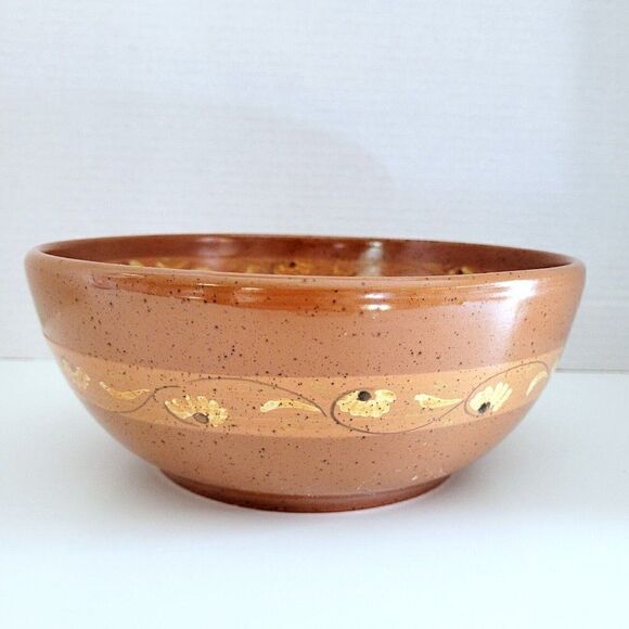 Terra Cotta Serving Bowl Hand Painted Floral Glazed Food Safe Stoneware 8" - Picture 1 of 9